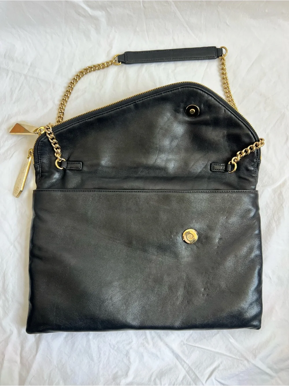 Henri Bendel Black Leather Envelope Shoulder Bag Clutch Gold Chain